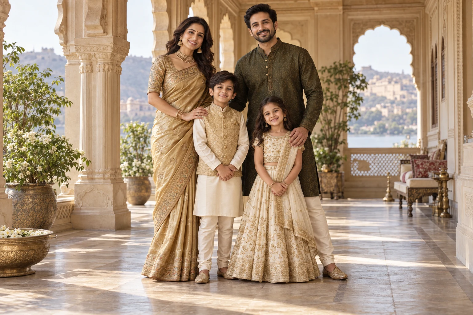 Concept of an Indian family in coordinated festive clothing