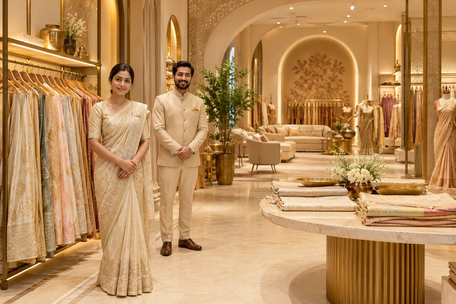Concept of a welcoming gold-toned ethnic fashion showroom